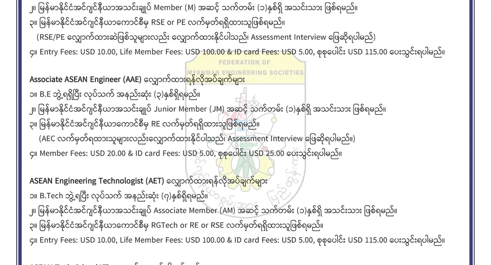 ASEAN Engineer, Associate ASEAN Engineer, ASEAN Engineering Technologist, ASEAN Technician လက်မှတ်များအတွက် အဆိုပြုလျှောက်လွှာများခေါ်ယူခြင်း